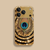 Golden Peacock Feather Pattern Gold Tempered Glass Case For iPhone