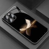 Luxury White Feather Pattern Tempered Glass Case For iPhone