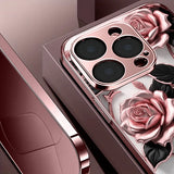 Pink Rose Pattern Metallic Tempered Glass Case For iPhone