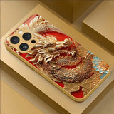 Golden Dragon Print Gold Metallic Paint Tempered Glass  Case For iPhone