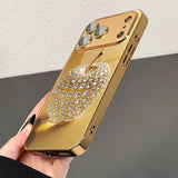 Diamond Gold Apple Pattern Gold Metallic Paint Glass Case For iPhone