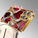 Elegant Red Gold Heart Pattern Gold Tempered Glass  Case For iPhone