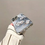 Stylish White Floral Electroplated Tempered Glass Case For iPhone