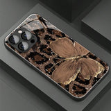 Luxury Butterfly Leopard Pattern Glass Material Phone Case For iPhone