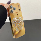Diamond Gold Apple Pattern Gold Metallic Paint Glass Case For iPhone