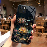 Lotus Pattern Anti-Fall Tempered Glass Case For iPhone