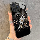 Luxury Black Lotus Flower Pattern Tempered Glass Case For iPhone