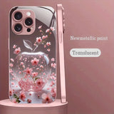 Cherry Blossom For Apple Pattern Pink Metal Paint Tempered Glass Case For iPhone