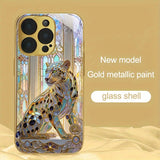 Fashion Leopard Print Gold Metallic Paint Tempered Glass Case For iPhone