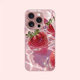 Delicious Strawberry Pattern Pink Metallic Paint Glass Phone Case For iPhone