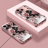 Pink Rose Pattern Metallic Tempered Glass Case For iPhone