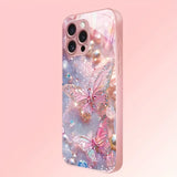 Luxury Butterfly Pearl Pattern Pink Metallic Paint Glass Phone Case For iPhone