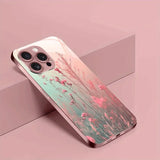 Elegant Pink Flower Pattern Pink Metallic Paint Glass  Case For iPhone