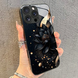 Luxury Black Lotus Flower Pattern Tempered Glass Case For iPhone