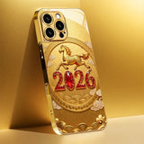 New Year Golden Horse Pattern Gold Metallic Paint Glass Phone Case For iPhone