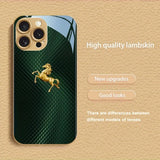 Green Plaid Golden Horse Glass Phone Case For iPhone