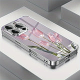 Pink Glass Tulip Pattern Glass Electroplated Case For iPhone