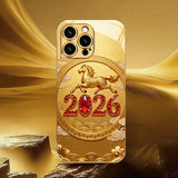 New Year Golden Horse Pattern Gold Metallic Paint Glass Phone Case For iPhone