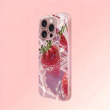 Delicious Strawberry Pattern Pink Metallic Paint Glass Phone Case For iPhone