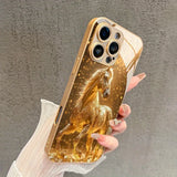 Fashion Golden Horse Pattern Gold Metallic Paint Glass Phone Case For iPhone