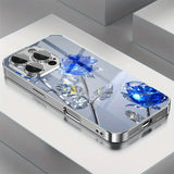 Stylish Crystal Blue Rose Pattern Tempered Glass  Case For iPhone