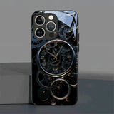 Black Gold Mechanical Clock Pattern Tempered Glass Case For iPhone