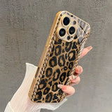 Stylish Retro Leopard Print Gold Metal Paint  Tempered Glass Case For iPhone