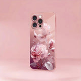 Luxury Pink Rose Pattern Pink Metallic Paint Tempered Glass Case For iPhone