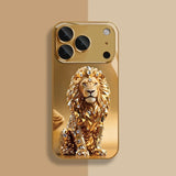 Crystal Gold Lion Pattern Gold Metallic Paint Glass  Case For iPhone