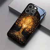 Jinhui Life Tree Pattern Tempered Glass Black Phone Case For iPhone