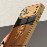 Golden Steed Wood Grain Gold Paint Glass Case For iPhone