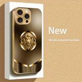 Simple Golden Lion Pattern Gold Metallic Paint Glass Case For iPhone