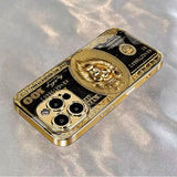 Wealth Lion Pattern Gold Metallic Paint Glass Phone Case For iPhone