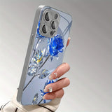 Stylish Crystal Blue Rose Pattern Tempered Glass  Case For iPhone