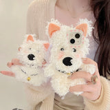 3D Cute West Highland Dog Fluffy Plush Phone Case For iPhone