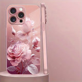 Luxury Pink Rose Pattern Pink Metallic Paint Tempered Glass Case For iPhone