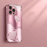 Cute Love Heart Pattern Pink Metallic Paint Glass Hard Case For iPhone
