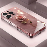 Cute Pink Rose Pattern Metallic Tempered Glass Case For iPhone