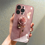 Cute Pink Rose Pattern Metallic Tempered Glass Case For iPhone