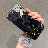Luxury Black Lotus Flower Pattern Tempered Glass Case For iPhone
