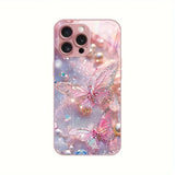 Luxury Butterfly Pearl Pattern Pink Metallic Paint Glass Phone Case For iPhone