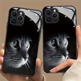 Cute Cat Pattern Tempered Glass Black Phone Case For iPhone