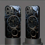 Black Gold Mechanical Clock Pattern Tempered Glass Case For iPhone