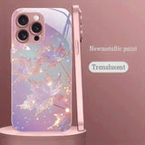 Pink Maple Leaf Pattern Pink Metallic Tempered Glass Case For iPhone