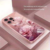 Luxury Pink Rose Pattern Pink Metallic Paint Tempered Glass Case For iPhone