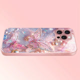 Luxury Butterfly Pearl Pattern Pink Metallic Paint Glass Phone Case For iPhone