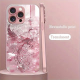 Pink Crystal Phoenix Pattern Metallic Paint Glass Hard Case For iPhone