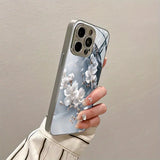 Stylish White Floral Electroplated Tempered Glass Case For iPhone