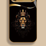 Cool Crown Lion Pattern Gold Metallic Paint Glass Case For iPhone