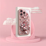 Pink Pearl Diamond Floral Pattern Pink Metallic Glass Phone Case For iPhone